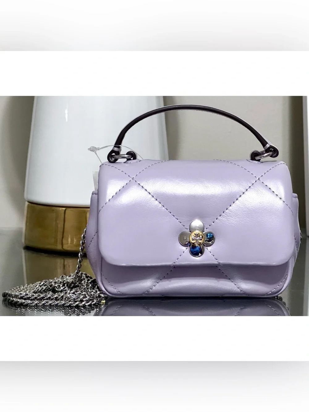 TORY BURCH MINI KIRA DIAMOND QUILT CLOVER CHAIN WALLET, PURPLE HEATHER
